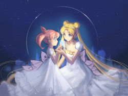 Rule 34 | 2girls, age difference, bad id, bad pixiv id, bishoujo senshi sailor moon, blonde hair, chibi usa, circle, cone hair bun, crescent, crescent facial mark, crystal, double bun, dress, facial mark, floating, floating object, forehead mark, from side, glowing, gradient background, hair bun, long hair, maboroshi no ginzuishou, mother and daughter, multiple girls, parted bangs, pink hair, princess, princess serenity, profile, puffy short sleeves, puffy sleeves, short sleeves, sitting, small lady serenity, tarou (mozukusanwakamesan), tsukino usagi, twintails, very long hair, white dress