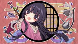 Rule 34 | 1girl, arrow (projectile), black eyes, black hair, blush, bow (weapon), branch, collared shirt, highres, houraisan kaguya, jeweled branch of hourai, kyouda suzuka, long hair, long sleeves, open mouth, pill, pink shirt, round window, shirt, sidelocks, smile, solo, touhou, twitter username, weapon, wide sleeves, window