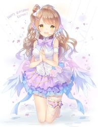 Rule 34 | 1girl, :d, barefoot, bow, bowtie, bridal garter, brown hair, commentary, dress, english commentary, english text, flower, frilled dress, frills, hair flower, hair ornament, happy birthday, highres, hitsukuya, interlocked fingers, kneeling, long hair, looking at viewer, love live!, love live! school idol festival, love live! school idol project, microphone, minami kotori, open mouth, own hands clasped, own hands together, purple bow, purple bowtie, smile, solo, wings, yellow eyes