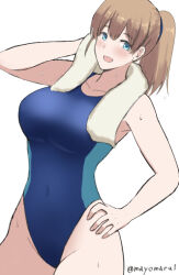 Rule 34 | 1girl, blue eyes, blue one-piece swimsuit, blush, breasts, brown hair, competition swimsuit, cowboy shot, drying, dutch angle, hair between eyes, intrepid (kancolle), kantai collection, large breasts, looking at viewer, mayomaru1, one-piece swimsuit, open mouth, ponytail, short hair, simple background, smile, solo, swimsuit, towel, towel around neck, twitter username, wet, wet hair, white background, wiping face