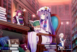 Rule 34 | 3girls, apron, blue bow, blue dress, blue eyes, blue ribbon, book, bookshelf, bow, braid, collared shirt, crescent, crescent hat ornament, demon wings, dress, givuchoko, hat, hat ornament, hat ribbon, head wings, holding, holding book, izayoi sakuya, koakuma, long hair, long sleeves, maid apron, maid headdress, mob cap, multiple girls, official art, open book, patchouli knowledge, pink bow, pink ribbon, pointy ears, puffy short sleeves, puffy sleeves, purple eyes, purple hair, purple headwear, reading, red eyes, red hair, ribbon, shirt, short hair, short sleeves, sidelocks, silver hair, sitting, striped clothes, striped dress, touhou, touhou cannonball, twin braids, vertical-striped clothes, vertical-striped dress, white apron, white shirt, wings