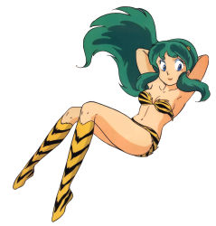 Rule 34 | 1980s (style), 1girl, animal print, arm behind head, armpits, arms up, bikini, blue eyes, boots, eyeshadow, floating hair, full body, green hair, horns, long hair, looking at viewer, lum, makeup, navel, non-web source, official art, oldschool, oni, retro artstyle, simple background, smile, solo, strapless, strapless bikini, swimsuit, takahashi rumiko, tiger print, urusei yatsura, white background
