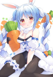 Rule 34 | 1girl, :o, animal ear fluff, animal ears, between legs, black gloves, black leotard, black pantyhose, blue hair, blush, bow, braid, breasts, carrot hair ornament, cleavage, commentary request, don-chan (usada pekora), dress, food-themed hair ornament, fur-trimmed dress, fur-trimmed gloves, fur trim, gloves, hair between eyes, hair bow, hair ornament, hand between legs, highres, holding, holding stuffed toy, hololive, leotard, long hair, multicolored hair, pantyhose, parted lips, rabbit ears, red eyes, satsuki yukimi, short eyebrows, sitting, small breasts, strapless, strapless dress, strapless leotard, stuffed carrot, stuffed toy, thick eyebrows, twin braids, twintails, two-tone hair, usada pekora, usada pekora (1st costume), very long hair, virtual youtuber, wariza, white bow, white dress, white hair