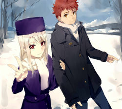 Rule 34 | 1boy, 1girl, brother and sister, coat, emiya shirou, fate/stay night, fate (series), fur hat, hat, highres, hunter.g, illyasviel von einzbern, long hair, papakha, purple hat, red eyes, red hair, scarf, siblings, snow, v, white hair, white scarf, winter clothes