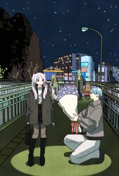 Rule 34 | 2girls, 3boys, bag, beard, black coat, black footwear, black pants, black pantyhose, black skirt, blonde hair, blue eyes, blue hair, boots, bouquet, brown scarf, building, city, closed mouth, coat, commentary, contemporary, day, drop earrings, dwarf, earrings, eisen (sousou no frieren), elf, expressionless, facial hair, flower, frieren, full body, glasses, green coat, green eyes, grey jacket, handbag, hat, heiter, highres, himmel (sousou no frieren), holding, holding bag, holding bouquet, jacket, jewelry, knee boots, kneeling, lamppost, light blue hair, long hair, looking at another, miniskirt, mole, mole under eye, multiple boys, multiple girls, night, night sky, on one knee, open clothes, open coat, outdoors, overpass, pants, pantyhose, parted bangs, pencil skirt, pointy ears, profile, railing, scarf, serie (sousou no frieren), shirt, shirt tucked in, short hair, skirt, sky, sleeves past wrists, smile, sousou no frieren, standing, star (sky), starry sky, takeuchi ryousuke, tree, trench coat, twintails, white hair, white pants, white shirt, wing collar