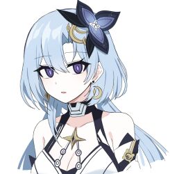 Rule 34 | 1girl, aged up, blue hair, breasts, cleavage, collarbone, commentary request, crescent, crescent earrings, cropped torso, earrings, flower, griseo, griseo (cosmic expression), hair flower, hair ornament, highres, honkai (series), honkai impact 3rd, jewelry, korean commentary, lix (iroiro3843), long hair, looking at viewer, medium breasts, parted lips, purple eyes, simple background, solo, white background