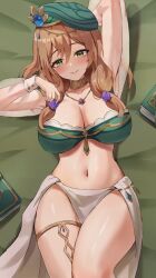 Rule 34 | 1girl, absurdres, alternate costume, arm up, armpits, breasts, brown hair, cleavage, collar, genshin impact, green eyes, green hat, hat, highres, jag ging, jewelry, large breasts, lisa (a sobriquet under shade) (genshin impact), lisa (genshin impact), long hair, long sleeves, looking at viewer, lying, midriff, navel, necklace, on back, pelvic curtain, revealing clothes, see-through, see-through sleeves, smile, solo, stomach, thighlet, thighs