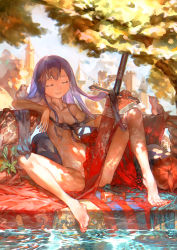 Rule 34 | 1girl, absurdres, animal on arm, barefoot, bed sheet, bird, bird on arm, blanket, blue hair, castle, chalice, closed eyes, collarbone, cup, dappled sunlight, day, feet, flat chest, full body, highres, long hair, nude, outdoors, petals, pillow, pixiv fantasia, pixiv fantasia t, ribbon, ripples, sheath, sheathed, sitting, sky, smile, solo, spread legs, sunlight, sword, tassel, toes, tree, water, weapon, yotsuyu