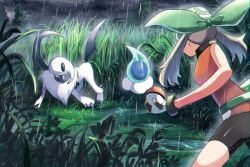 Rule 34 | 1girl, absol, bandana, bare arms, battle, bike shorts, brown hair, castform, castform (rainy), commentary request, creatures (company), foliage, game freak, gen 3 pokemon, gloves, grass, green bandana, holding, holding poke ball, legs apart, may (pokemon), may (pokemon emerald), nintendo, poke ball, poke ball (basic), pokemon, pokemon (creature), pokemon emerald, pokemon rse, puddle, rain, rowdon, standing, tall grass, tree, twintails, water