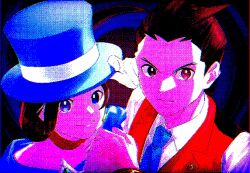 Rule 34 | 1boy, 1girl, ace attorney, antenna hair, apollo justice, blue eyes, blue headwear, blue necktie, bracelet, brother and sister, brown eyes, brown hair, closed mouth, collared shirt, dithering, forked eyebrows, gloves, half-siblings, hand on headwear, hand up, hat, highres, jewelry, lapel pin, lapels, looking at viewer, necktie, off shoulder, portrait, red scarf, red vest, scarf, shirt, siblings, smile, strapless, top hat, trucy wright, vest, white gloves, white shirt, yymmawo vv2