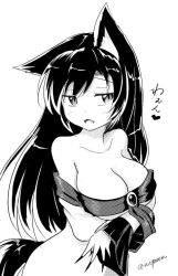 Rule 34 | 1girl, animal ears, blush, breast hold, breasts, brooch, cleavage, collarbone, crossed arms, dress, fang, fingernails, greyscale, half-closed eyes, heart, imaizumi kagerou, jewelry, large breasts, long fingernails, long hair, long sleeves, looking at viewer, monochrome, off-shoulder dress, off shoulder, open mouth, seductive smile, sharp fingernails, simple background, slit pupils, smile, solo, tail, taurine 8000mg, touhou, twitter username, upper body, white background, wide sleeves, wolf ears, wolf tail