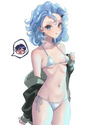Rule 34 | 1girl, absurdres, bikini, blue eyes, blue hair, breasts, closed mouth, cowboy shot, curly hair, green jacket, hair ornament, hairclip, highres, honkai (series), honkai impact 3rd, jacket, lieserl albert einstein, looking at viewer, medium hair, navel, off shoulder, side-tie bikini bottom, simple background, skindentation, small breasts, solo, speech bubble, spoken character, swimsuit, tongue, tongue out, user nycx4783, white background, white bikini