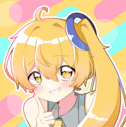Rule 34 | 1girl, ahoge, akita neru, bare shoulders, blonde hair, blush, commentary, finger to cheek, grey shirt, grin, hair ornament, halftone texture, highres, index finger raised, long hair, looking up, multicolored background, necktie, shirt, side ponytail, sleeveless, sleeveless shirt, smile, solo, upper body, vocaloid, yellow eyes, yellow necktie, yotsuba (clover3hachimitu)