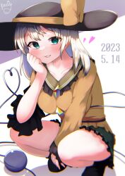 Rule 34 | 1girl, absurdres, aqua eyes, black footwear, black hat, bow, breasts, collarbone, commentary request, dated, green skirt, grey background, hat, hat bow, highres, koishi day, komeiji koishi, large breasts, long sleeves, looking at viewer, medium hair, polyhedron2, shirt, skirt, smile, solo, squatting, thighs, third eye, touhou, white background, white hair, yellow bow, yellow shirt