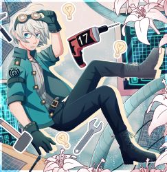 Rule 34 | 1boy, ahoge, alternate costume, arm up, belt, black belt, black gloves, blue eyes, boots, border, cheer (cheerpuppy14), commentary, cross-laced footwear, danganronpa (series), danganronpa v3: killing harmony, english commentary, flower, from side, gloves, goggles, goggles on head, green jacket, grey hair, grey sweater, hammer, highres, jacket, jewelry, k1-b0, knee boots, lamp, male focus, necklace, open clothes, open jacket, short hair, solo, sweater, tools, white border, wrench