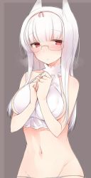 Rule 34 | 1girl, animal ears, bad id, bad pixiv id, blush, breasts, breath, glasses, groin, hairband, head wings, heidimarie w. schnaufer, large breasts, long hair, looking at viewer, lowleg, lowleg panties, nekoume, own hands together, panties, red eyes, simple background, solo, strike witches, underwear, wings, world witches series