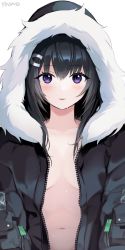 Rule 34 | 1girl, absurdres, arknights, black coat, black hair, blush, breasts, breasts apart, closed mouth, coat, collarbone, fur-trimmed hood, fur trim, hair ornament, hairclip, highres, hood, hood up, hooded coat, la pluma (arknights), lips, long hair, long sleeves, naked coat, navel, no bra, open clothes, open coat, purple eyes, small breasts, smile, solo, unzipped, upper body, y0ung
