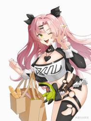 Rule 34 | 1girl, ;d, aqua nails, bag, baguette, bare shoulders, black jacket, black ribbon, black shorts, black thighhighs, blue nails, bread, breasts, cleavage, commentary request, crop top, cropped jacket, food, grey background, hair ornament, hair ribbon, hairclip, hands up, highres, jacket, large breasts, long hair, long sleeves, looking at viewer, micro shorts, midriff, mole, mole on breast, muhui, nail polish, navel, nicole demara, one eye closed, open mouth, pink hair, purple nails, ribbon, shopping bag, shorts, simple background, single thighhigh, smile, solo, stomach, strapless, thighhighs, thighs, tube top, two side up, very long hair, yellow eyes, zenless zone zero