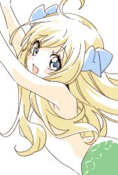 Rule 34 | 1girl, :d, armpits, arms up, bare arms, bare shoulders, blonde hair, blue eyes, blush, bow, close-up, from side, hair bow, hair censor, hair over shoulder, highres, jashin-chan, jashin-chan dropkick, lamia, long hair, looking at viewer, looking to the side, monster girl, namori, open mouth, partially colored, simple background, smile, solo, topless, white background