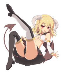 Rule 34 | 1girl, :3, :d, armpits, black panties, black skirt, black thighhighs, blonde hair, boots, breasts, demon girl, demon tail, demon wings, full body, high heels, jewelry, medium breasts, midriff, necklace, open hands, open mouth, original, outstretched arms, panties, pointy ears, red eyes, sasaame, short hair, simple background, skirt, smile, smug, solo, spread arms, tail, thigh boots, thighhighs, underwear, white background, wings