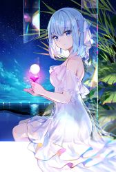 Rule 34 | 1girl, blue eyes, blue hair, closed mouth, cloud, cocktail, cocktail glass, cup, dress, drinking glass, frilled dress, frills, fuzichoco, highres, holding, leaf, looking at viewer, night, night sky, ocean, original, outdoors, plant, short hair, sitting, sky, smile, solo, star (sky), starry sky, strapless, strapless dress, white dress