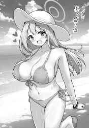 Rule 34 | 1girl, :d, arisu kazumi, bikini, blue archive, blush, bracelet, breasts, cleavage, cloud, collarbone, commentary request, greyscale, halo, hat, heart, jewelry, large breasts, long hair, looking at viewer, monochrome, navel, nonomi (blue archive), nonomi (swimsuit) (blue archive), ocean, official alternate costume, open mouth, side-tie bikini bottom, sky, smile, solo, swimsuit, translation request, wet