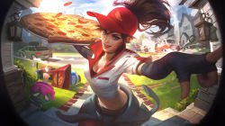 Rule 34 | 1girl, alex flores, alternate costume, amumu, annie (league of legends), baseball cap, belt, breast pocket, breasts, brown hair, candle, car, character request, chicken costume, choker, cleavage, clothes around waist, commentary, crop top, dust cloud, elbow gloves, employee uniform, english commentary, fingerless gloves, fingernails, fisheye, floating hair, food, gloves, grey eyes, hair strand, hat, highres, holding, holding tray, house, jacket, jacket around waist, kog&#039;maw, lantern, league of legends, leash, lipstick, long hair, looking at viewer, makeup, mascara, midriff, motor vehicle, pizza, pizza delivery, pizza delivery sivir, pocket, ponytail, pug&#039;maw, red lips, road, scooter, short sleeves, sidewalk, signature, sivir, sky, smile, solo focus, street, sunlight, surprise party amumu, town, tray, uniform