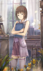 Rule 34 | 1girl, bare arms, bare shoulders, blunt bangs, blush, bob cut, book, hugging book, bow, brown eyes, brown hair, curtains, desk, flower, hair bow, hair ornament, highres, holding, holding book, indoors, instrument, moka. tapioka, hugging object, original, piano, shelf, short hair, sleeveless, smile, solo, thighhighs, window, zettai ryouiki