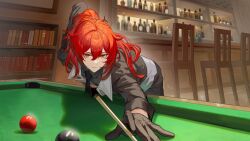 Rule 34 | 1boy, artist request, ball, billiard ball, black gloves, black necktie, black shirt, chair, commentary request, diluc (genshin impact), genshin impact, gloves, highres, holding cue stick, male focus, necktie, pool table, red hair, second-party source, shirt, solo, table
