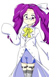 Rule 34 | 1girl, alternate hairstyle, asakura rikako, blue skirt, bow, bowtie, coat, glasses, grey thighhighs, hairband, lab coat, long hair, long sleeves, miniskirt, nonamejd, official style, partially unbuttoned, pince-nez, purple eyes, purple hair, simple background, skirt, sleeves past fingers, sleeves past wrists, solo, standing, thighhighs, touhou, touhou (pc-98), twintails, white background, white coat, white hairband, yellow bow, yellow bowtie, zun (style)