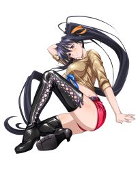 Rule 34 | 10s, 1girl, absurdres, arm behind head, arm up, black footwear, black hair, black thighhighs, boots, breasts, cross-laced footwear, full body, high heel boots, high heels, high ponytail, high school dxd, highres, himejima akeno, lace-up boots, large breasts, long hair, looking at viewer, official art, pink eyes, ponytail, purple eyes, shorts, simple background, solo, sweat, thigh boots, thighhighs, very long hair, white background