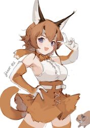 Rule 34 | 1girl, absurdres, bare shoulders, blue eyes, blush, bow, bowtie, brown bow, brown bowtie, brown gloves, brown hair, brown skirt, brown thighhighs, caracal (kemono friends), caracal ears, cat girl, cat tail, gloves, hand on own hip, high-waist skirt, highres, jknor, kemono friends, looking at viewer, multicolored hair, shirt, short hair, skirt, solo, tail, thighhighs, v, white hair, white shirt, zettai ryouiki