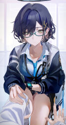 Rule 34 | 1boy, 1girl, absurdres, black hair, blue archive, blue necktie, blush, breasts, chihiro (blue archive), closed mouth, collared shirt, flatshi, glasses, green-framed eyewear, green eyes, hair between eyes, hair ornament, halo, highres, jacket, large breasts, long sleeves, multicolored clothes, multicolored jacket, necktie, rabbit hair ornament, shirt, short hair, two-tone jacket, watch, white shirt, wristwatch