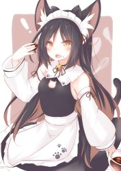 Rule 34 | !, 1girl, animal ears, apron, black dress, black hair, blush, bowl, breasts, brown background, brown eyes, brown hair, cat ears, cat girl, cat tail, chocolate on hand, commentary request, daidai ookami, detached sleeves, dress, fang, food on hand, frilled apron, frilled dress, frills, hand up, highres, long hair, long sleeves, multicolored hair, open mouth, original, parted bangs, puffy long sleeves, puffy sleeves, sleeveless, sleeveless dress, sleeves past fingers, sleeves past wrists, small breasts, solo, tail, two-tone background, two-tone hair, very long hair, waist apron, white apron, white background, white sleeves