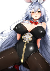 Rule 34 | 10s, 1girl, ahoge, alternate costume, animal ears, arm at side, bare shoulders, black leotard, black pantyhose, braid, breasts, collarbone, covered erect nipples, detached collar, dutch angle, fake animal ears, gloves, gluteal fold, granblue fantasy, high heels, large breasts, leotard, long hair, looking at viewer, multiple braids, open mouth, pantyhose, playboy bunny, puffy nipples, rabbit ears, shiny clothes, silva (granblue fantasy), silver hair, solo, spread legs, tenken (gotannda), thighs, tongue, very long hair, white gloves, yellow eyes