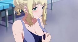 Rule 34 | 1girl, anime screenshot, blonde hair, blue one-piece swimsuit, blush, breasts, cleavage, close-up, collarbone, competition swimsuit, covered erect nipples, green eyes, ichijou natsu, looking at viewer, lowres, one-piece swimsuit, one breast out, ponytail, pulled by self, shuumatsu no harem, sidelocks, smile, swimsuit