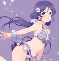 Rule 34 | 1girl, 6u (eternal land), :d, absurdres, bikini, blush, breasts, cleavage, cowboy shot, cropped, green eyes, halterneck, highres, long hair, looking at viewer, love live!, love live! school idol festival, love live! school idol project, low twintails, medium breasts, navel, open mouth, purple hair, purple theme, simple background, smile, solo, splashing, swimsuit, third-party edit, tojo nozomi, twintails, waifu2x