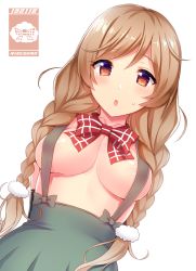 Rule 34 | 1girl, areola slip, blush, bow, bowtie, braid, breasts, brown eyes, cleavage, collarbone, commentary request, covered erect nipples, hair between eyes, interstellar, kantai collection, large breasts, light brown hair, long hair, looking at viewer, minegumo (kancolle), no bra, no shirt, open mouth, red bow, red bowtie, school uniform, simple background, skirt, solo, standing, suspender skirt, suspenders, sweatdrop, topless, twin braids, underboob, white background