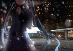 Rule 34 | 1girl, aqua hair, blurry, breath, building, city, cold, dark, depth of field, hatsune miku, head out of frame, highres, long hair, night, scarf, sishenfan, smile, snow, snowing, solo, twintails, upper body, very long hair, vocaloid, winter clothes