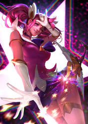 Rule 34 | 1girl, alternate costume, alternate hair color, alternate hairstyle, bo liu, league of legends, looking at viewer, lux (league of legends), magical girl, pink hair, smile, solo, star (symbol), star guardian (league of legends), star guardian lux, twintails