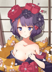 Rule 34 | 1girl, bare shoulders, black hair, blue eyes, breasts, cleavage, closed mouth, fate/grand order, fate (series), flower, hair flower, hair ornament, highres, hiyoko (pixiv16803940), japanese clothes, katsushika hokusai (fate), kimono, looking at viewer, medium breasts, off shoulder, shadow, short hair, sketch, sliding doors, smile, solo
