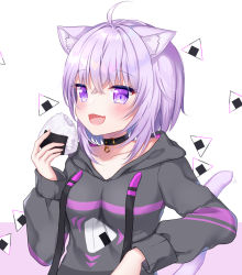 Rule 34 | 1girl, :d, ahoge, animal ear fluff, animal ears, breasts, cat ears, cat girl, cat tail, collar, collarbone, drawstring, fang, female focus, food, holding, holding food, hololive, hood, hood down, hoodie, long sleeves, looking at viewer, motion lines, naomi (fantasia), nekomata okayu, nekomata okayu (1st costume), onigiri, open mouth, purple eyes, purple hair, short hair, small breasts, smile, solo, tail, upper body, virtual youtuber, white background