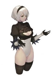 Rule 34 | 1girl, alternate eye color, black thighhighs, breasts, cleavage, cleavage cutout, clothing cutout, cowboy shot, feather-trimmed sleeves, hairband, highres, jam (nandade), leotard, nier (series), nier:automata, parted lips, short hair, silver hair, simple background, solo, thighhighs, thighs, upper body, white background, 2b (nier:automata)