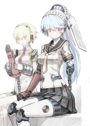 Rule 34 | aegis (persona), android, black skirt, blonde hair, blue eyes, blue hair, blush, chain, closed mouth, hairband, headgear, headphones, highres, holding, joints, labrys (persona), long hair, multiple girls, necktie, open mouth, persona, persona 3, persona 4, persona 4: the ultimate in mayonaka arena, pleated skirt, red eyes, red neckwear, robot joints, sailor collar, school uniform, serafuku, short hair, simple background, sitting, skirt, tefec, white background, yellow neckwear