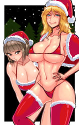 Rule 34 | 2girls, :p, bikini, blonde hair, blue eyes, blunt bangs, breasts, brown eyes, brown hair, capelet, christmas, cleavage, covered erect nipples, hand on own hip, hat, highres, lace, lace-trimmed legwear, lace trim, large breasts, legs, licking lips, long hair, looking at viewer, micro bikini, multiple girls, naughty face, navel, night, night sky, original, red bikini, red legwear, santa hat, skindentation, sky, smile, snowing, swimsuit, thighhighs, thighs, tongue, tongue out, wolffeld price
