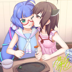 Rule 34 | 2girls, :3, ahoge, ascot, blue hair, blue shirt, blunt bangs, brown hair, collarbone, commentary request, dress, food, food on face, fork, frills, gathers, glasses, green eyes, headgear, holding, holding fork, holding knife, indoors, kashiki main, knife, licking, licking another&#039;s face, long hair, looking ahead, low twintails, multiple girls, open mouth, otomachi una, otomachi una (talkex), pink dress, raised eyebrows, red-framed eyewear, red eyes, rice, rice on face, sailor collar, school uniform, semi-rimless eyewear, serafuku, shirt, signature, sizzler plate, sleeveless, sleeveless dress, sleeveless shirt, talkex, tongue, tongue out, touhoku kiritan, twintails, upper body, vocaloid, voiceroid, white ascot, white sailor collar, yuri