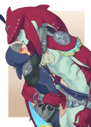 Rule 34 | 2boys, absurdres, arm around waist, arms around neck, arms up, bad id, bad pixiv id, blue bodysuit, blue eyes, bodysuit, border, brown background, colored skin, commentary request, eye contact, fins, fish boy, from side, gradient background, green nails, hair ornament, highres, hug, imminent kiss, ivy (sena0119), jewelry, long hair, looking at another, male focus, monster boy, multicolored skin, multiple boys, nail polish, nintendo, official alternate costume, open mouth, pointy ears, red skin, sharp teeth, sidon, smile, teeth, the legend of zelda, the legend of zelda: breath of the wild, white border, yaoi, yellow eyes, zora, zora set (zelda)