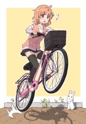 Rule 34 | 1girl, :o, bicycle, bicycle basket, black skirt, black thighhighs, blush, border, breasts, collarbone, commentary request, flower, full body, gochuumon wa usagi desu ka?, highres, hood, hooded jacket, hoto cocoa, jacket, looking at viewer, messy hair, miniskirt, mohei, multicolored clothes, multicolored jacket, open mouth, orange hair, outline, partially unzipped, purple eyes, rabbit, riding, riding bicycle, shadow, shirt, shoes, short hair, simple background, skirt, small breasts, sneakers, solo, thighhighs, white border, white footwear, white outline, white shirt, yellow background, zettai ryouiki