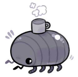 Rule 34 | animal focus, artist name, bug, commentary, cup, english commentary, full body, isopod, mug, no humans, original, pillbug, pun, solid circle eyes, solo, spicymochi, steam, transparent background