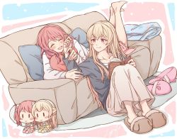Rule 34 | 2girls, ^ ^, aiiro bokujuu, animal slippers, bang dream!, barefoot, blush, book, character doll, closed eyes, couch, closed eyes, hand on another&#039;s arm, highres, jewelry, long hair, lying, maruyama aya, multiple girls, on couch, on ground, on stomach, pink hair, purple eyes, reading, ring, shirasagi chisato, sitting, slippers, smile, wedding band, yuri
